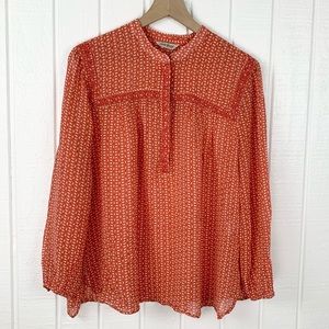 Lucky Brand Boho Orange Ditsy Floral Beaded Peasant Top SIZE L